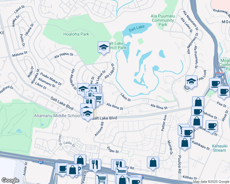 map of restaurants, bars, coffee shops, grocery stores, and more near 990 Ala Nanala Street in Honolulu