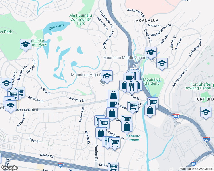 map of restaurants, bars, coffee shops, grocery stores, and more near 2825 Ala Ilima Street in Honolulu
