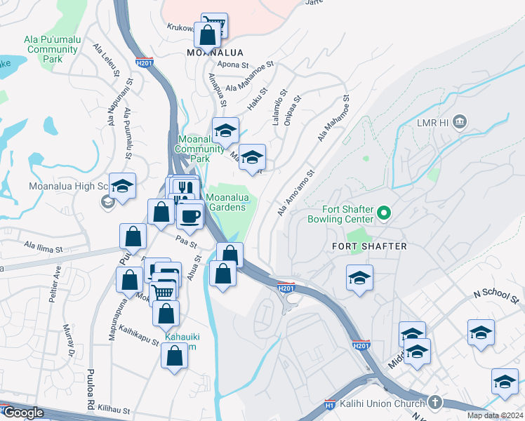map of restaurants, bars, coffee shops, grocery stores, and more near 1322 Ala Mahamoe Street in Honolulu
