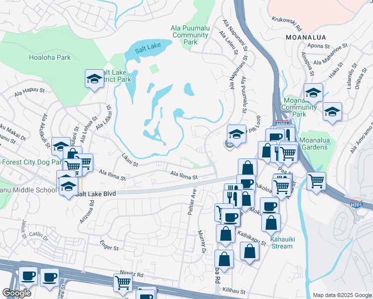 map of restaurants, bars, coffee shops, grocery stores, and more near 1080 Ala Napunani Street in Honolulu