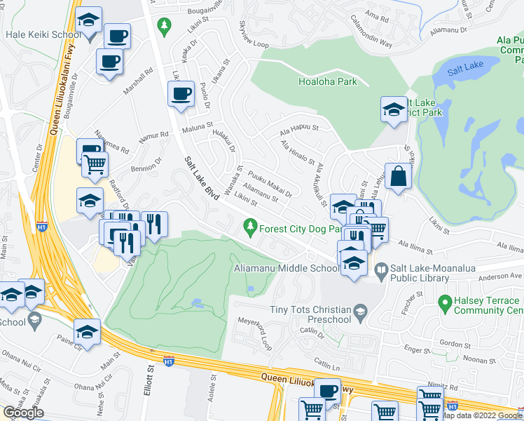 map of restaurants, bars, coffee shops, grocery stores, and more near 3537 Likini Street in Honolulu