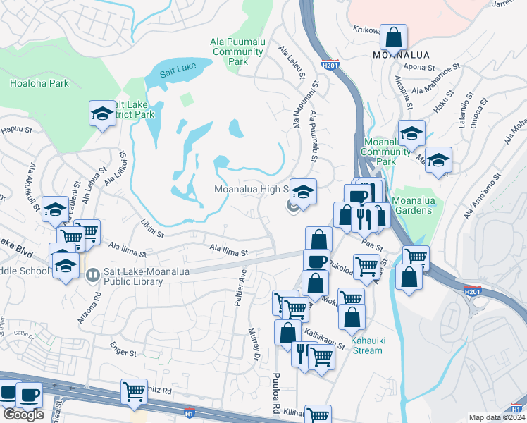 map of restaurants, bars, coffee shops, grocery stores, and more near 1121 Ala Napunani Street in Honolulu