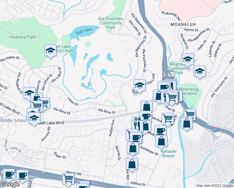 map of restaurants, bars, coffee shops, grocery stores, and more near 3009 Ala Makahala Place in Honolulu