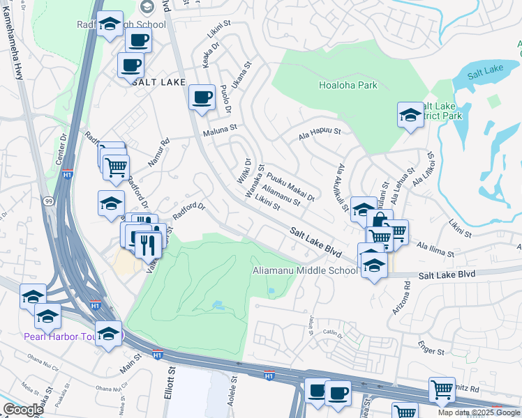 map of restaurants, bars, coffee shops, grocery stores, and more near 3632 Salt Lake Boulevard in Honolulu