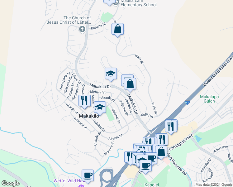 map of restaurants, bars, coffee shops, grocery stores, and more near 92-635 Makakilo Drive in Kapolei
