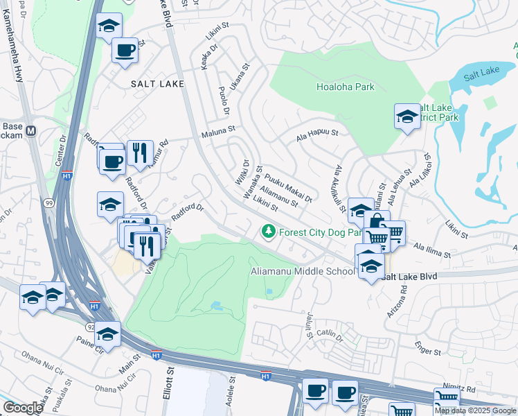 map of restaurants, bars, coffee shops, grocery stores, and more near 3641 Likini Street in Honolulu