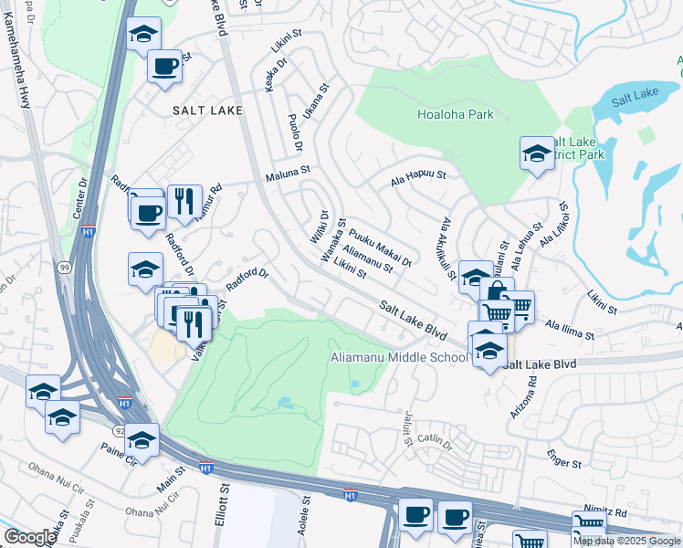 map of restaurants, bars, coffee shops, grocery stores, and more near 3641 Likini Street in Honolulu