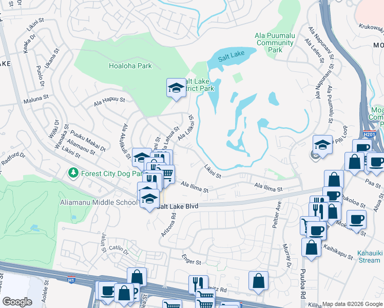 map of restaurants, bars, coffee shops, grocery stores, and more near 5090 Likini Street in Honolulu