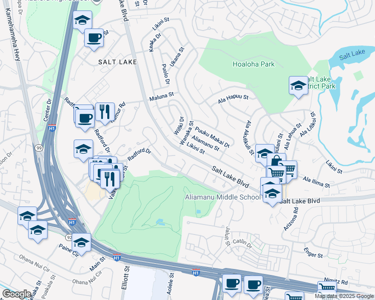 map of restaurants, bars, coffee shops, grocery stores, and more near 3641 Likini Street in Honolulu