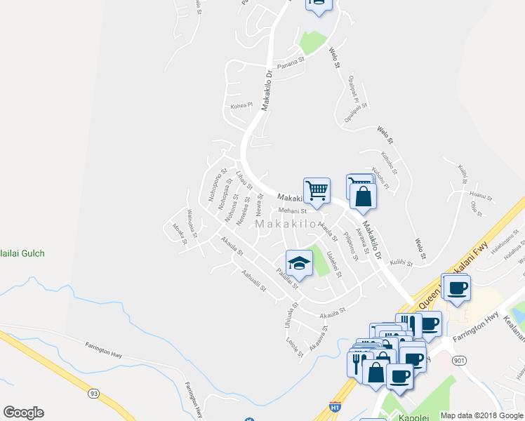 map of restaurants, bars, coffee shops, grocery stores, and more near 92-675 Mehani Street in Kapolei