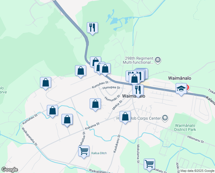 map of restaurants, bars, coffee shops, grocery stores, and more near 41-1655 Humupaa Street in Waimanalo