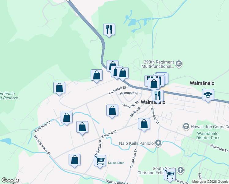 map of restaurants, bars, coffee shops, grocery stores, and more near 41-610 Humuniki Street in Waimanalo