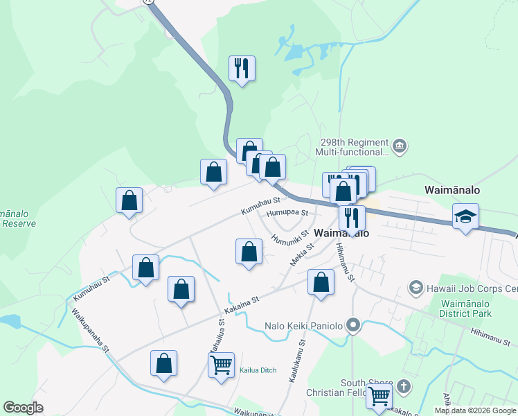map of restaurants, bars, coffee shops, grocery stores, and more near 41-610 Humuniki Street in Waimānalo