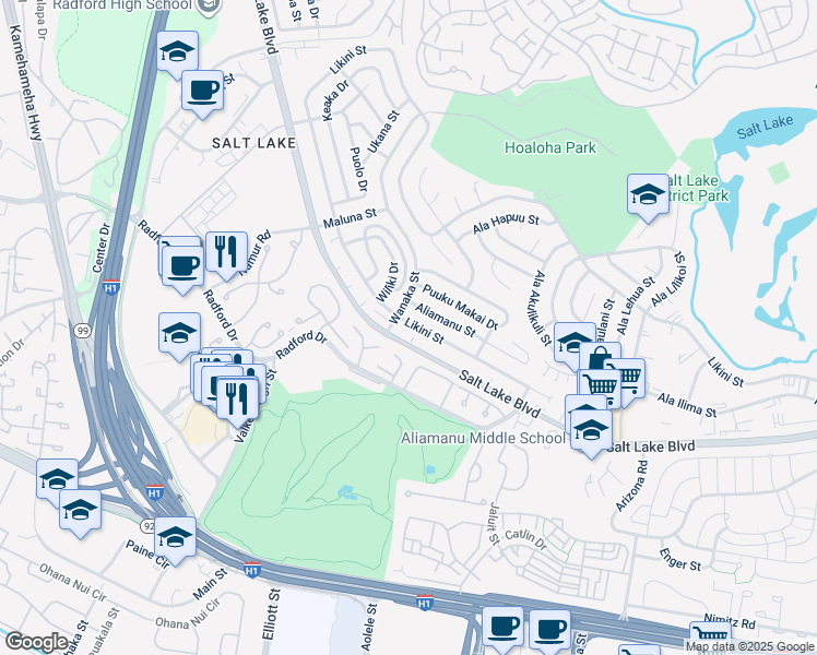 map of restaurants, bars, coffee shops, grocery stores, and more near 3641 Likini Street in Honolulu