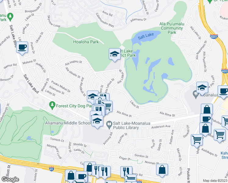 map of restaurants, bars, coffee shops, grocery stores, and more near 975 Ala Lilikoi Street in Honolulu