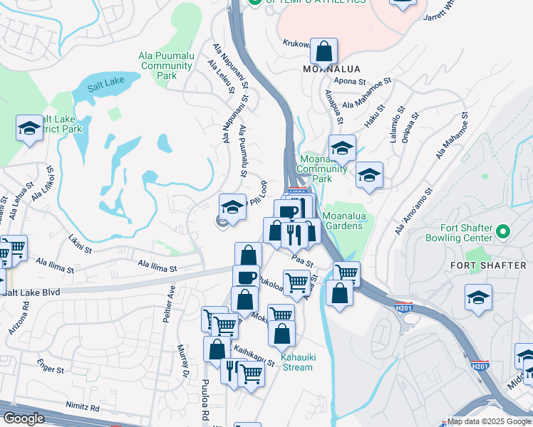 map of restaurants, bars, coffee shops, grocery stores, and more near 2910 Ala Pili Place in Honolulu