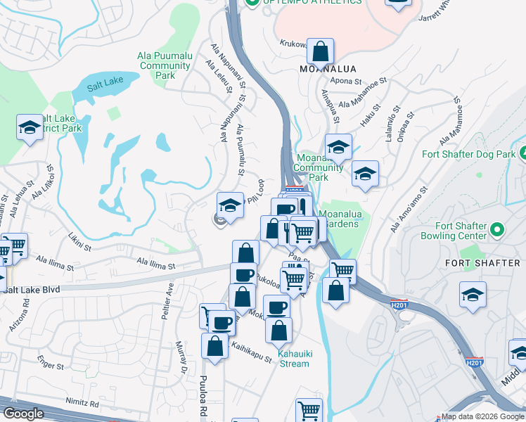 map of restaurants, bars, coffee shops, grocery stores, and more near 2910 Ala Pili Place in Honolulu