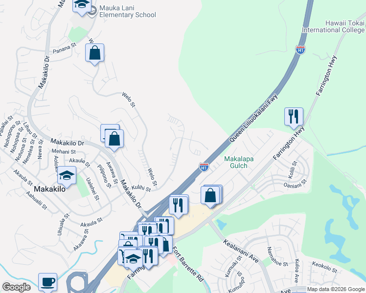 map of restaurants, bars, coffee shops, grocery stores, and more near 92-488 Ohio Street in Kapolei