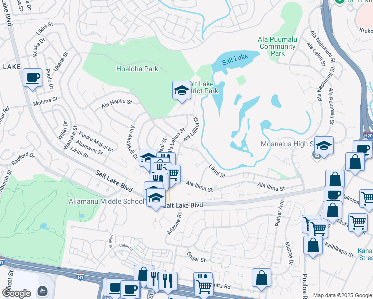 map of restaurants, bars, coffee shops, grocery stores, and more near 5070 Likini Street in Honolulu