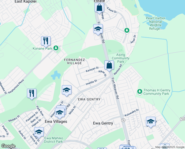 map of restaurants, bars, coffee shops, grocery stores, and more near 91-1352 Hoopio Street in Ewa Beach