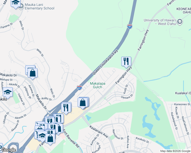 map of restaurants, bars, coffee shops, grocery stores, and more near 91-1533 Halahinano Street in Kapolei
