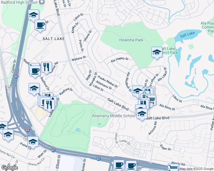 map of restaurants, bars, coffee shops, grocery stores, and more near 3553 Aliamanu Street in Honolulu