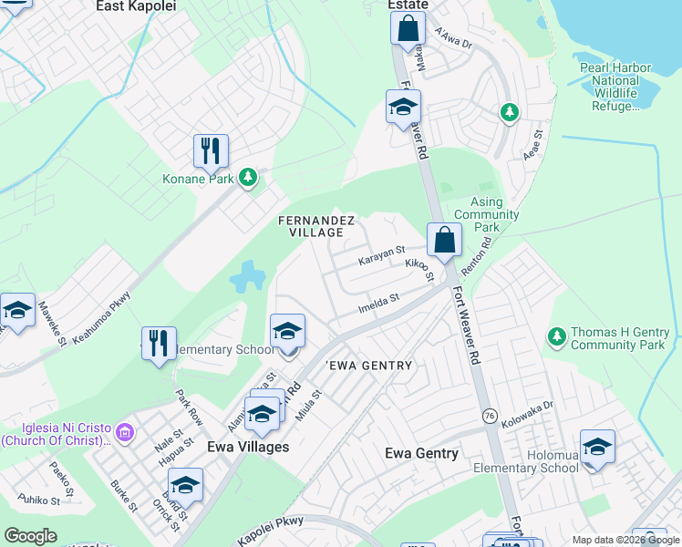 map of restaurants, bars, coffee shops, grocery stores, and more near 91-1309 Hoopio Street in Ewa Beach