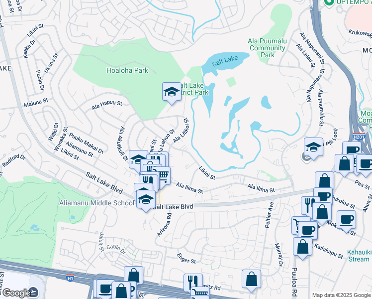map of restaurants, bars, coffee shops, grocery stores, and more near 5095 Likini Street in Honolulu