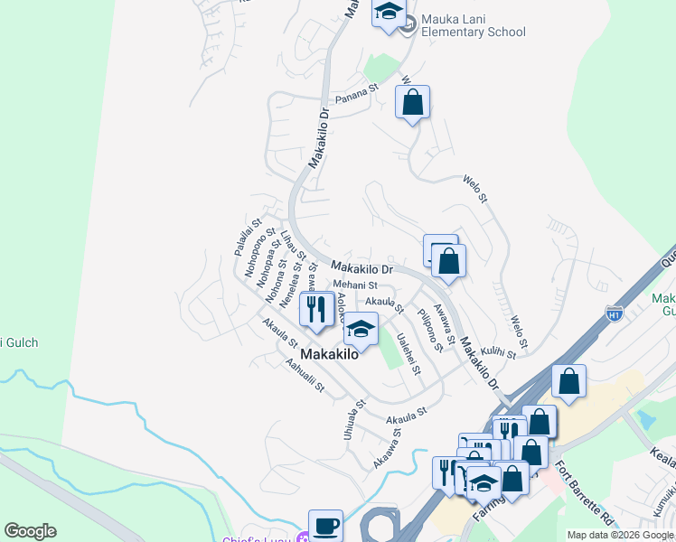 map of restaurants, bars, coffee shops, grocery stores, and more near 92-675 Mehani Street in Kapolei