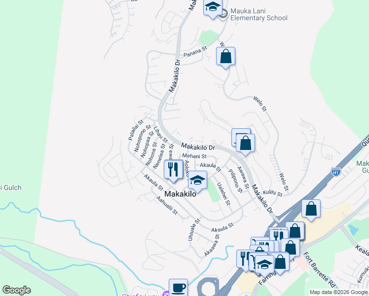 map of restaurants, bars, coffee shops, grocery stores, and more near 92-675 Mehani Street in Kapolei