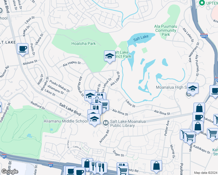 map of restaurants, bars, coffee shops, grocery stores, and more near Likini St & Ala Lilikoi St in Honolulu
