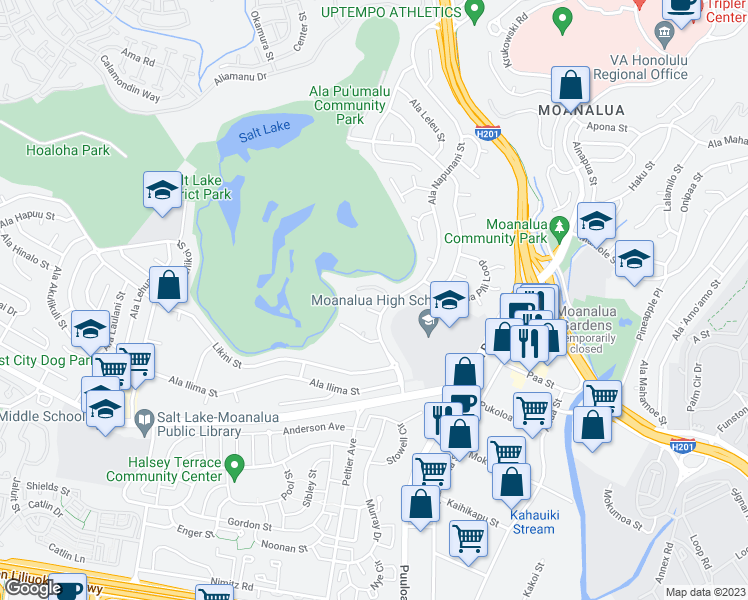 map of restaurants, bars, coffee shops, grocery stores, and more near 1121 Ala Napunani Street in Honolulu