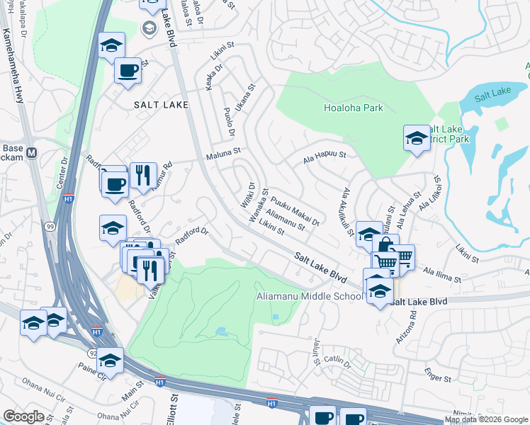 map of restaurants, bars, coffee shops, grocery stores, and more near 3641 Likini Street in Honolulu