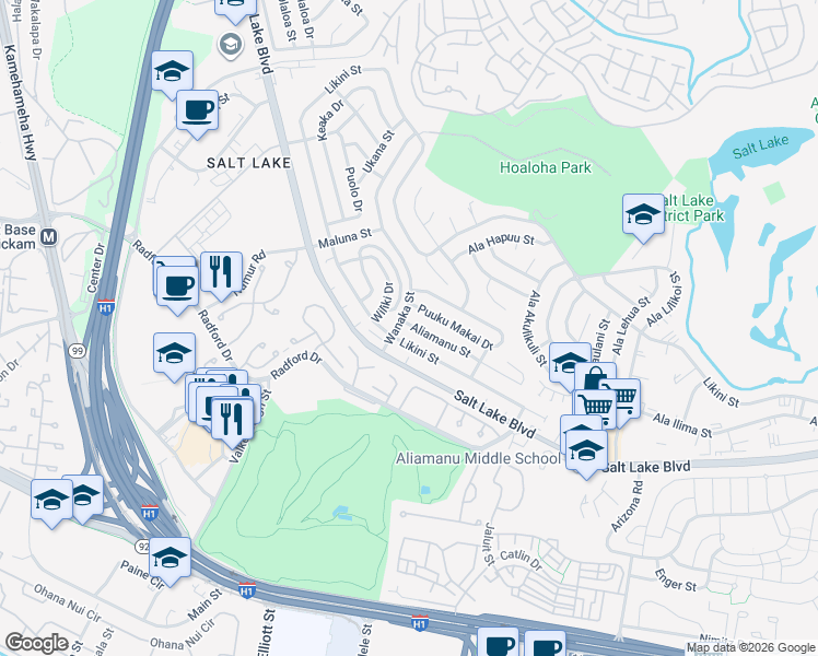 map of restaurants, bars, coffee shops, grocery stores, and more near 3641 Likini Street in Honolulu