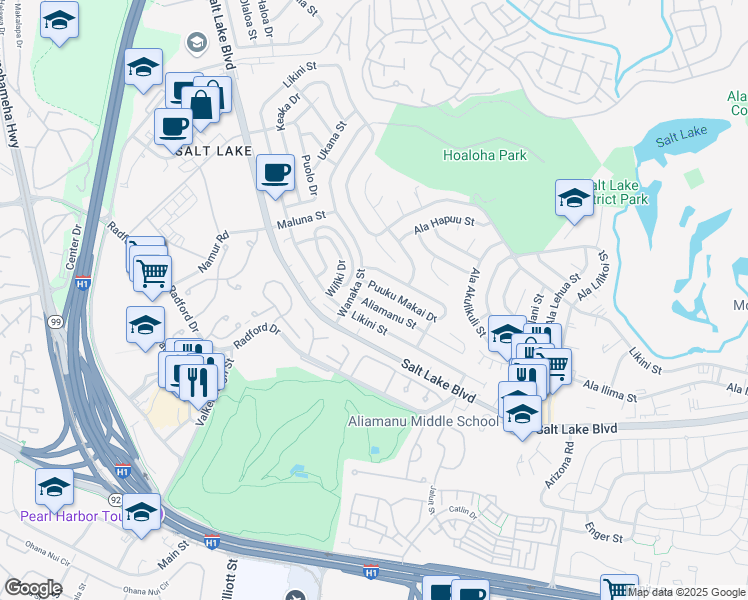 map of restaurants, bars, coffee shops, grocery stores, and more near 3627 Puuku Mauka Drive in Honolulu