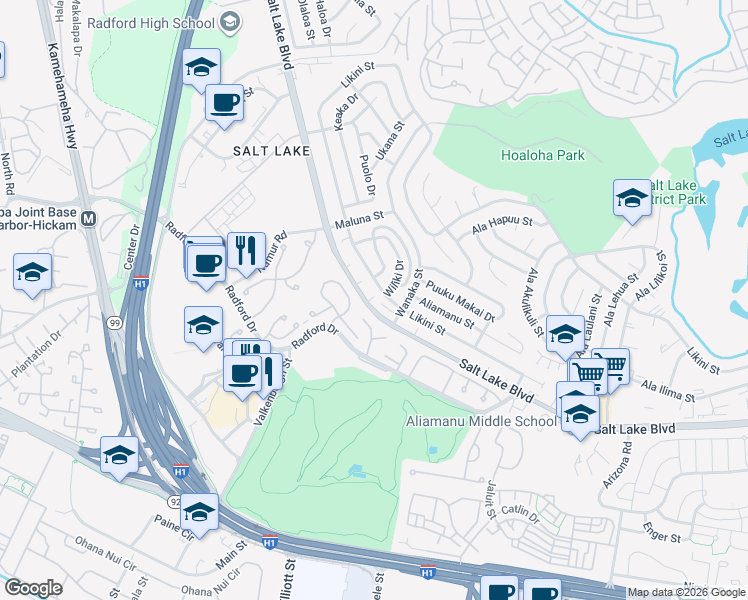 map of restaurants, bars, coffee shops, grocery stores, and more near 3751a Likini Street in Honolulu