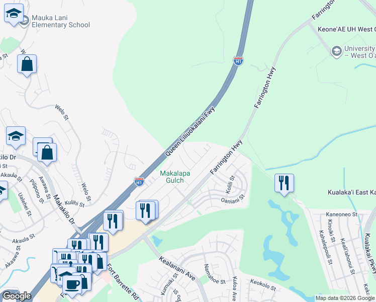 map of restaurants, bars, coffee shops, grocery stores, and more near 91-229 Loululelo Place in Kapolei