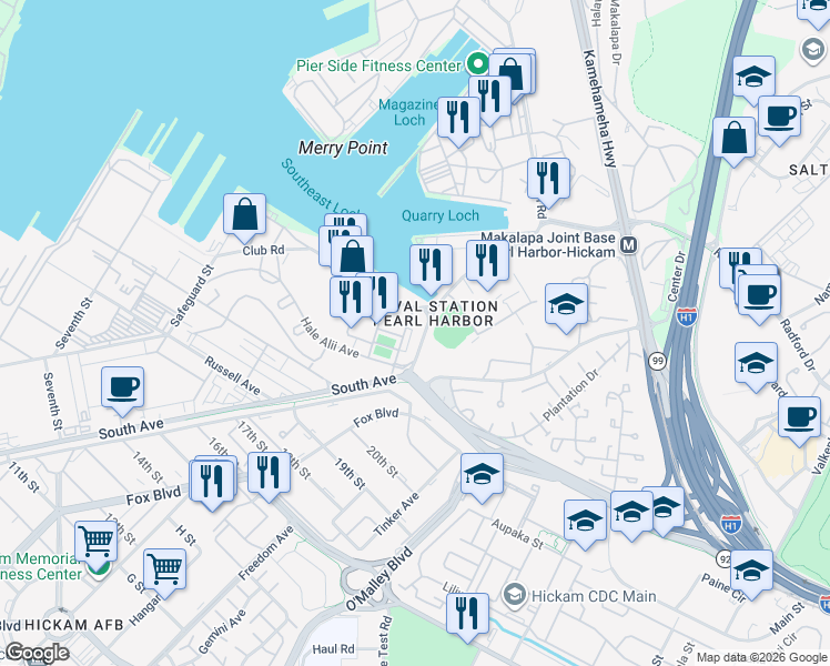 map of restaurants, bars, coffee shops, grocery stores, and more near 850 Ticonderoga Street in Joint Base Pearl Harbor Hickam