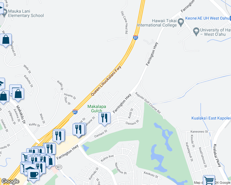 map of restaurants, bars, coffee shops, grocery stores, and more near 91-1590 Wahane Street in Kapolei