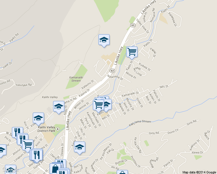 map of restaurants, bars, coffee shops, grocery stores, and more near 2387 Jennie Street in Honolulu