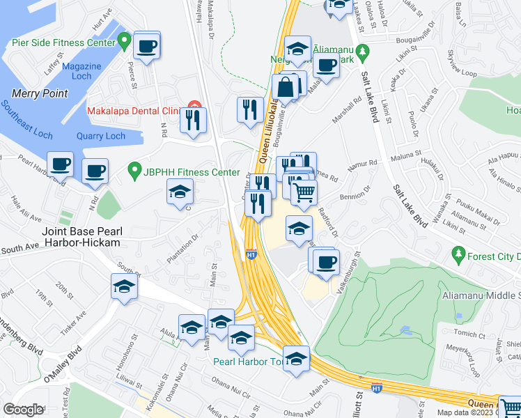 map of restaurants, bars, coffee shops, grocery stores, and more near 650 Center Drive in Joint Base Pearl Harbor-Hickam