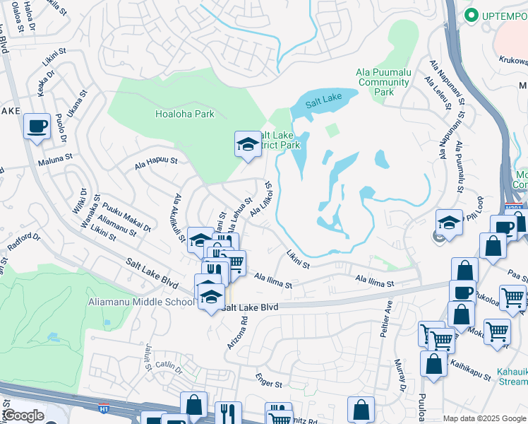map of restaurants, bars, coffee shops, grocery stores, and more near 1025 Ala Lilikoi Street in Honolulu