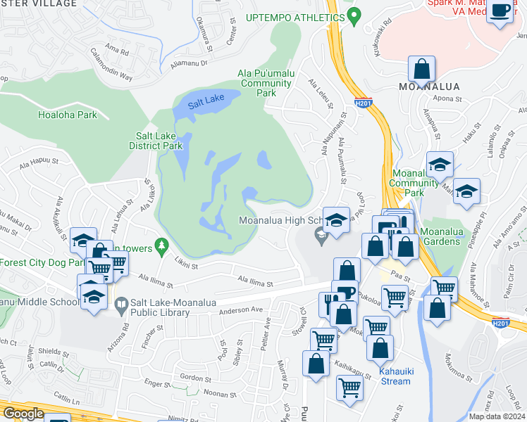 map of restaurants, bars, coffee shops, grocery stores, and more near 3050 Ala Poha Place in Honolulu