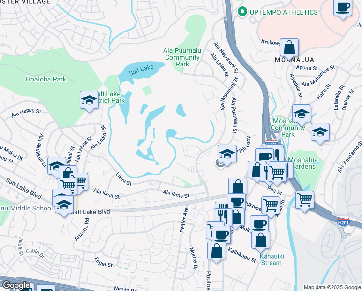 map of restaurants, bars, coffee shops, grocery stores, and more near 3050 Ala Poha Place in Honolulu