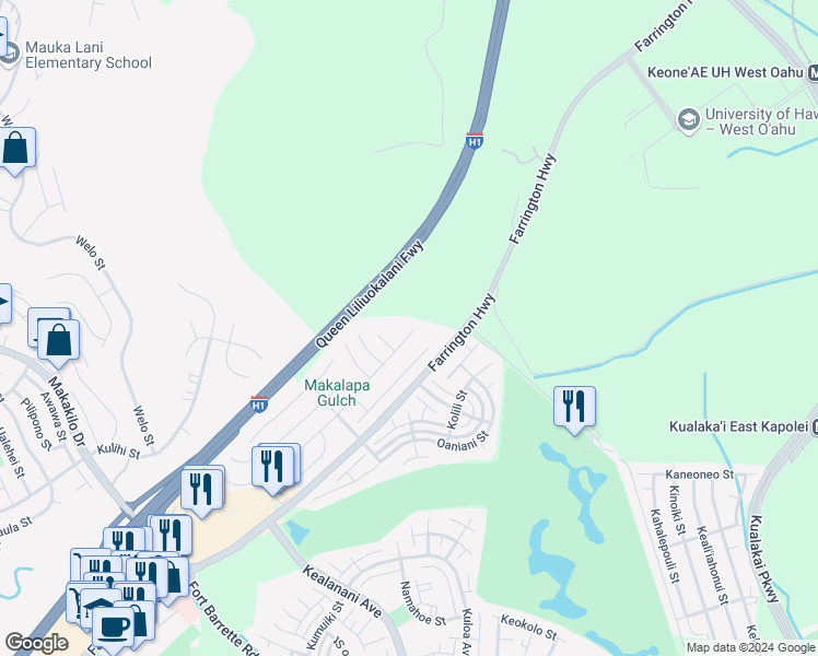 map of restaurants, bars, coffee shops, grocery stores, and more near 91-1598 Wahane Street in Kapolei