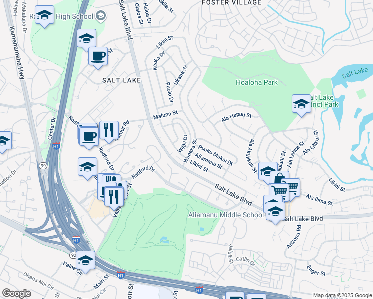 map of restaurants, bars, coffee shops, grocery stores, and more near 1058 Wanaka Street in Honolulu