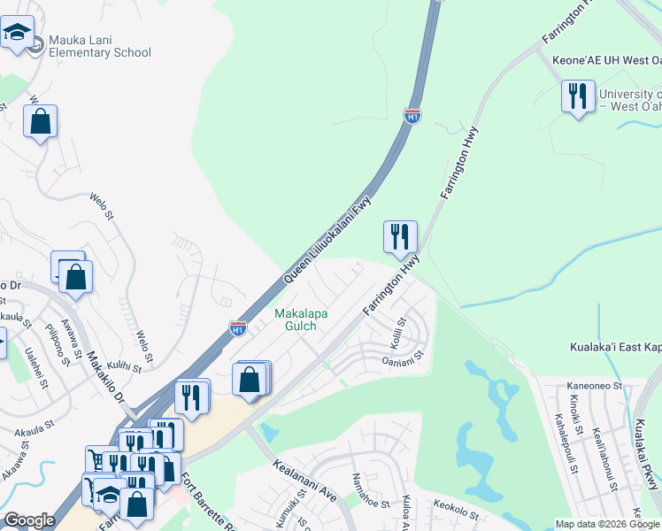 map of restaurants, bars, coffee shops, grocery stores, and more near 91-229 Loululelo Place in Kapolei