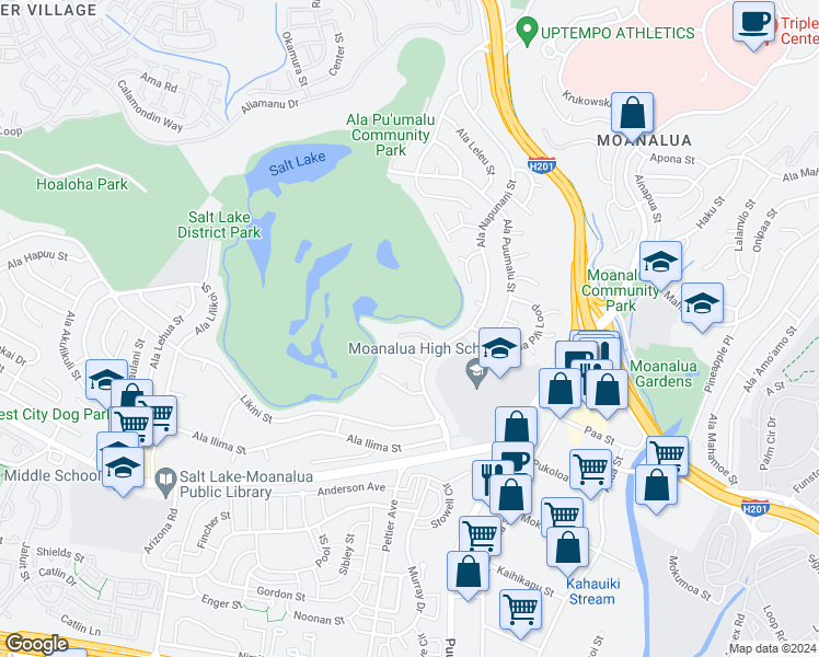 map of restaurants, bars, coffee shops, grocery stores, and more near 3050 Ala Poha Place in Honolulu