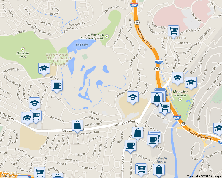 map of restaurants, bars, coffee shops, grocery stores, and more near 3050 Ala Poha Place in Honolulu