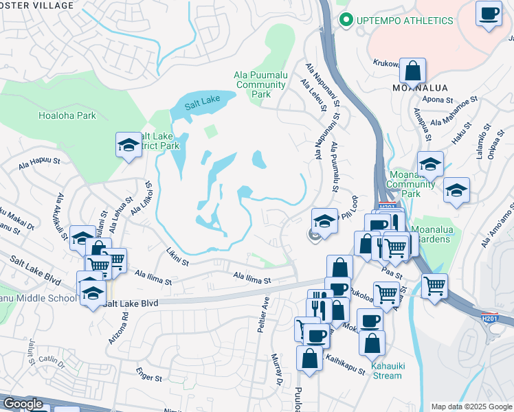 map of restaurants, bars, coffee shops, grocery stores, and more near 3050 Ala Poha Place in Honolulu